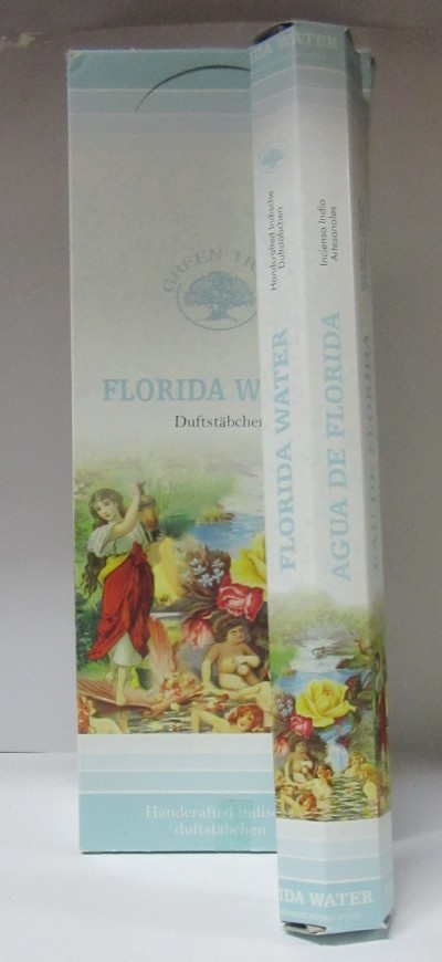 Embalagem de incenso Florida Water com ilustrações clássicas coloridas em fundo azul claro e branco.