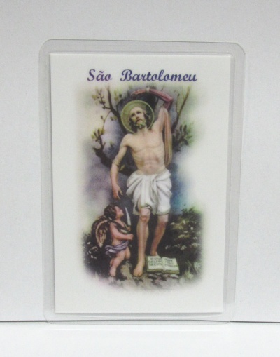 Cartão religioso com São Bartolomeu e uma criança pequena