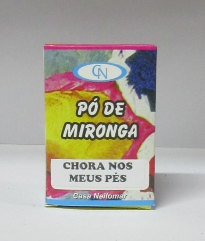 Caixa de Pó de Mironga colorida com texto em português