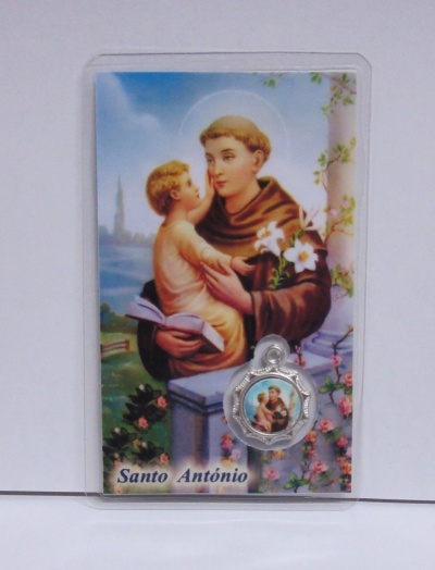 Cartão religioso com imagem de Santo António e medalhão