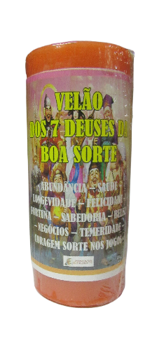 Vela laranja com etiqueta colorida dos 7 deuses da boa sorte