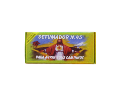Embalagem amarela de defumador com figura religiosa e texto promocional