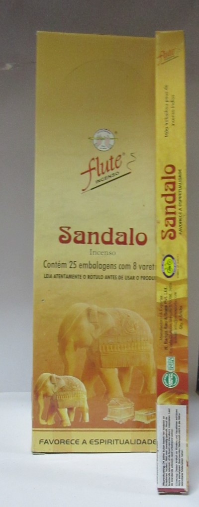 Embalagem castanha clara de incenso Flute Sândalo com elefantes dourados e texto em português.