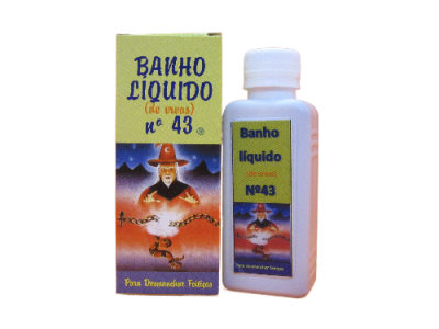 Frasco e embalagem de Banho líquido Nº 43 com rótulo amarelo e imagem de homem com chapéu