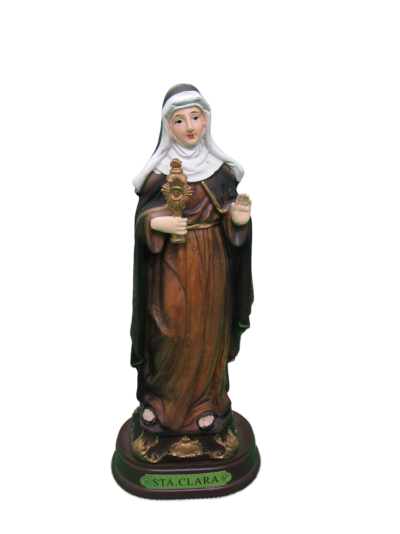 Estátua religiosa de Santa Clara com túnica castanha e véu branco