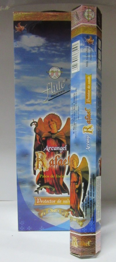 Caixa de incenso azul com imagem do Arcanjo Rafael e texto promocional