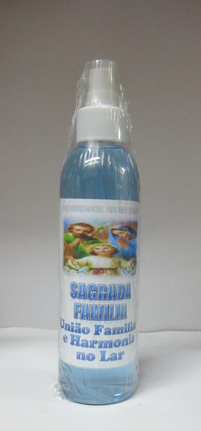 Frasco de spray transparente com líquido azul e rótulo da Sagrada Família