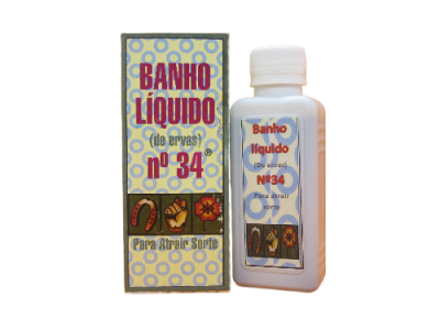 Frasco plástico branco com rótulo e embalagem de cartão de banho líquido de ervas nº 34 para atrair sorte