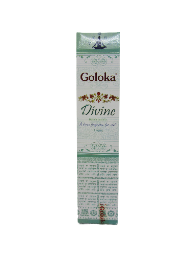 Embalagem verde e branca de incenso Goloka Divine com texto e padrão floral