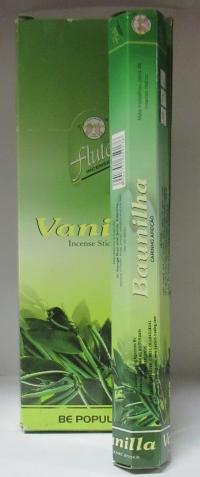Embalagem verde com palitos de incenso de baunilha e texto em português