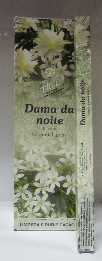 Embalagem de incenso Dama da noite com flores brancas e texto promocional.