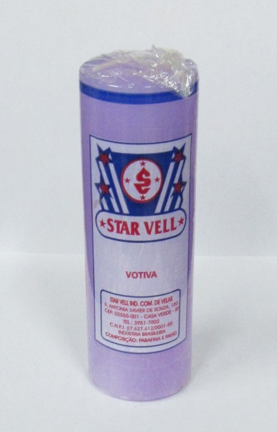 Vela votiva roxa da marca STAR VELL com embalagem plástica