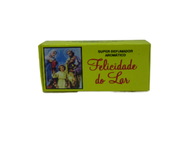 Embalagem amarela de Super Defumador Aromático 'Felicidade do Lar' com imagem religiosa.