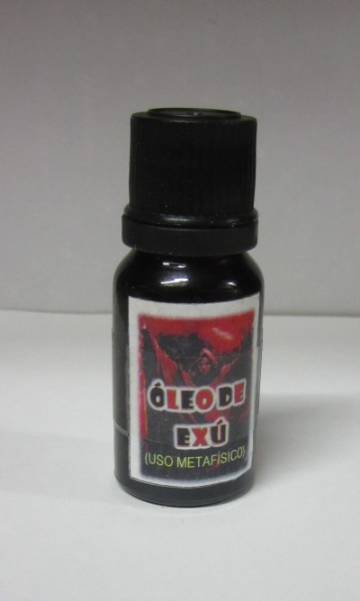 Frasco pequeno de óleo com rótulo colorido e texto ÓLEO DE EXÚ (USO METAFÍSICO)