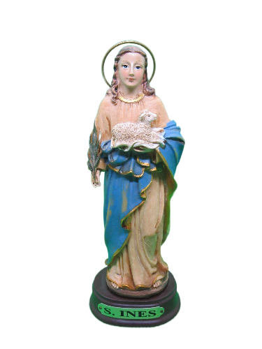 Estátua religiosa de S. Inês com túnica e manto azul