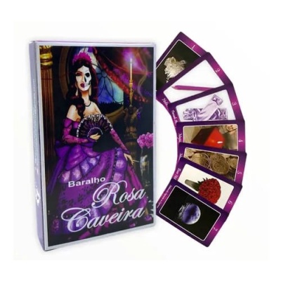 Baralho Rosa Caveira com caixa ilustrada e cartas coloridas sobre fundo branco