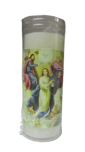 Vela em vidro com imagem religiosa colorida