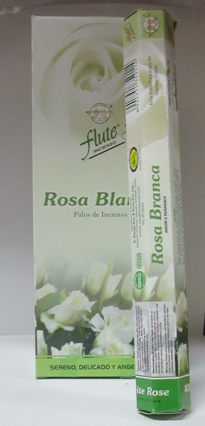 Caixa e embalagem de incenso Flute Rosa Blanca com flores brancas e textos em português e espanhol.