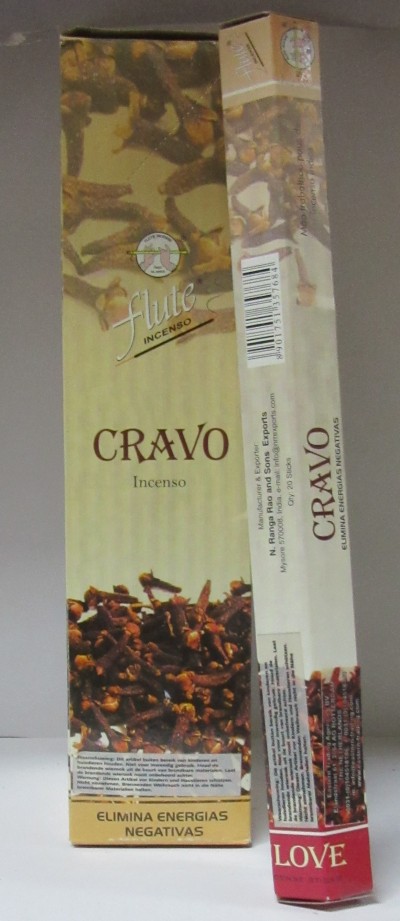 Embalagem de incenso Cravo da marca Flute Incenso com cores amarela e bege