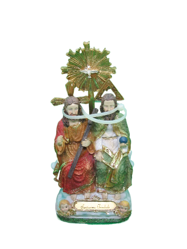 Estátua religiosa com duas figuras sentadas e halo dourado