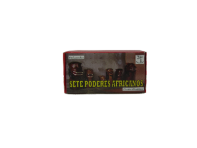Caixa com sete estatuetas em madeira chamada SETE PODERES AFRICANOS