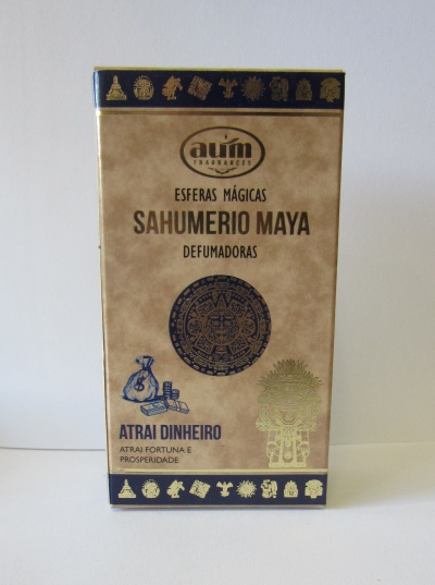 Embalagem bege com texto e símbolos maias em azul e dourado para defumador Sahumerio Maya