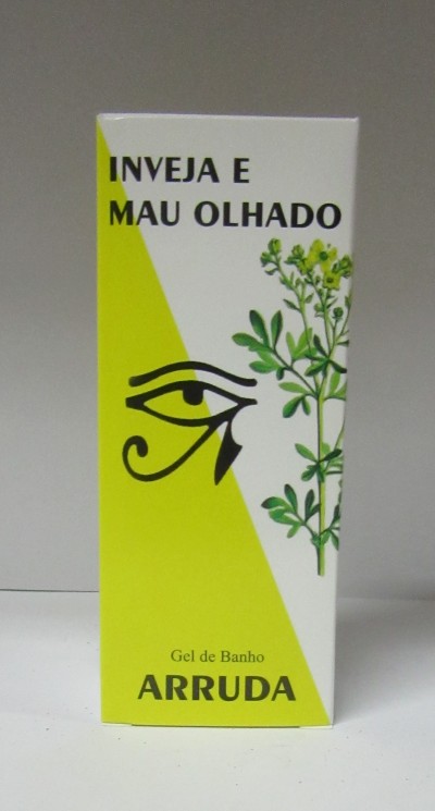 Embalagem de gel de banho Arruda com ilustração de planta e símbolo do olho egípcio