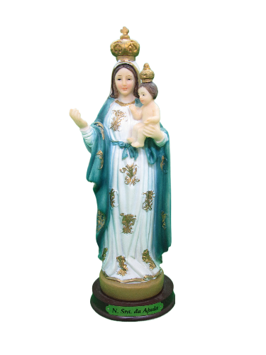 Estatueta religiosa de Nossa Senhora da Ajuda com Menino Jesus e coroas douradas