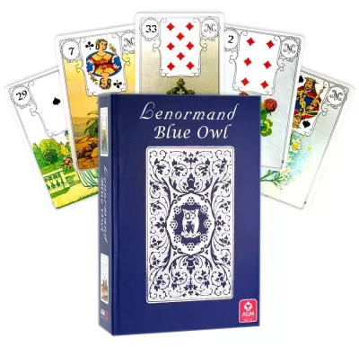 Conjunto de baralho Lenormand Blue Owl com caixa azul e cartas ilustradas