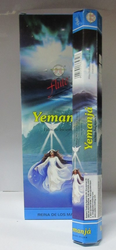 Embalagem azul de incenso Yemanjá com imagem de mulher e texto em espanhol
