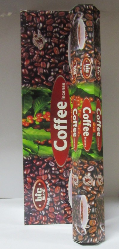 Caixa e embalagem de incenso com tema de café e texto em inglês