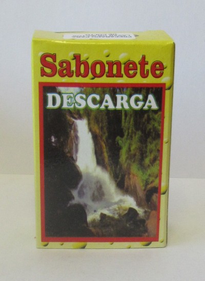 Embalagem de sabonete amarelo com texto e imagem de cascata