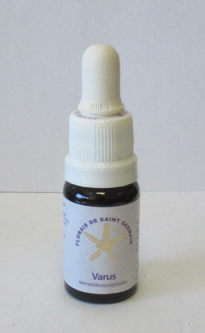 Frasco pequeno com conta-gotas branco e rótulo com texto Varus e Vernonia escorpioides.