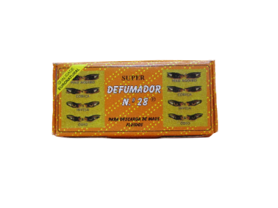 Embalagem laranja amarilla com texto SUPER DEFUMADOR N.º 28 e imagens de olhos