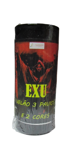 Velão preto, vermelho e castanho com texto 'EXU VELÃO 3 PAVIOS E 2 CORES' e figura encapuzada