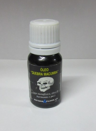 Frasco pequeno de óleo com rótulo preto e tampa branca, com caveira e texto em português.