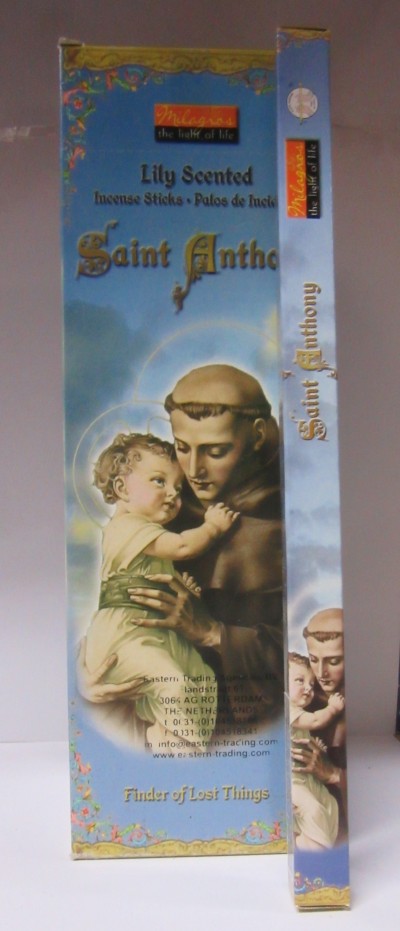 Caixa de incenso Lily Scented com imagem de São António a segurar uma criança