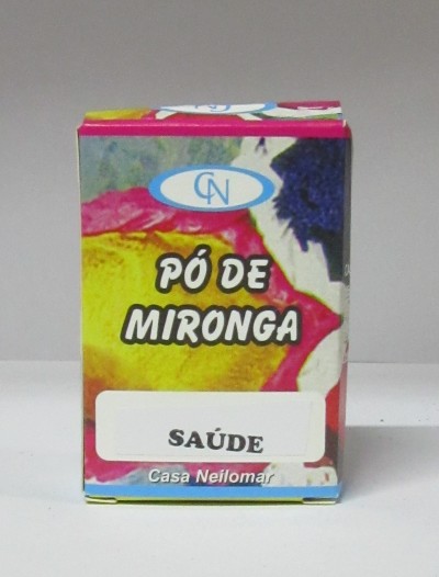 Caixa colorida de Pó de Mironga com etiqueta Saúde e logo Casa Neilomar