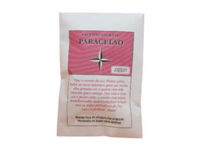 Pacote de incenso branco e rosa com texto em português e logotipo 'PARACELSO'.