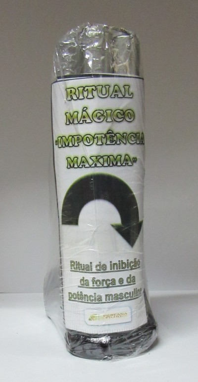 Embalagem branca cilíndrica com texto ritual mágico impotência máxima