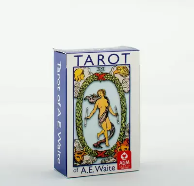 Caixa de baralho de cartas de Tarot branca e azul com imagem central e texto TAROT of A.E. Waite