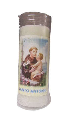 Vela branca em vidro com imagem de Santo António a segurar o Menino Jesus