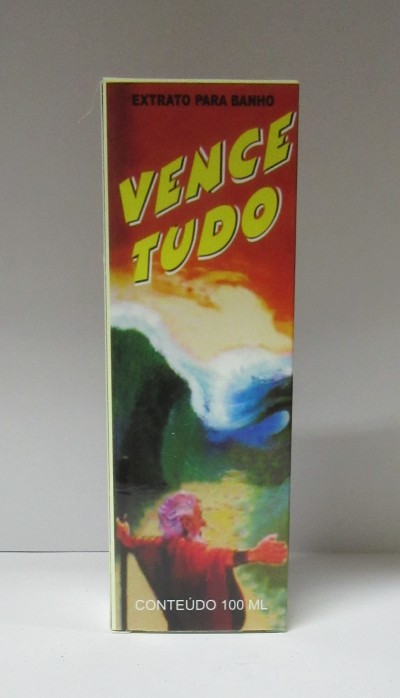 Embalagem de extrato para banho Vence Tudo com imagem colorida e texto destacado