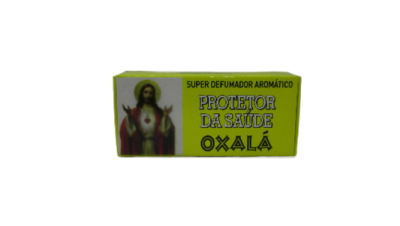 Caixa amarela de defumador aromático com texto e imagem religiosa