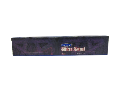 Incensos Satya Wicca Ritual Rose em embalagem retangular escura com padrão geométrico