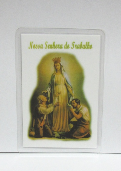 Cartão religioso Nossa Senhora do Trabalho com imagem e texto em verde