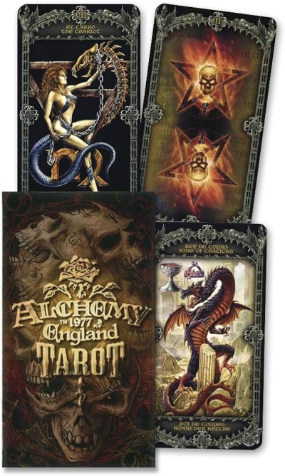 Cartas de tarot Alchemy TM 1977 com dragões e caveiras em estilo sombrio