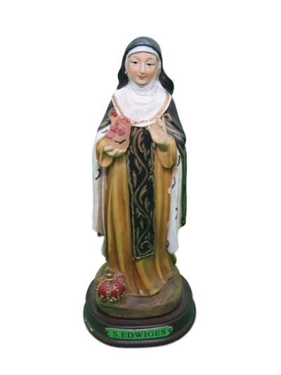 Estátua colorida de Santa Edwiges com coroa na base