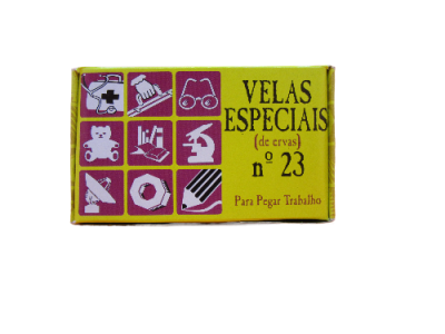 Embalagem amarela e roxa de Velas Especiais nº 23 com texto e ícones brancos