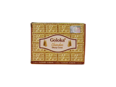 Caixa de cones de incenso Goloka Chandan Dhoop Cones com embalagem dourada e texto em inglês